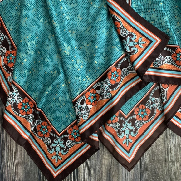 **SOLD** Blue Brown Satin Scarf Dress S M - Picture 6 of 8